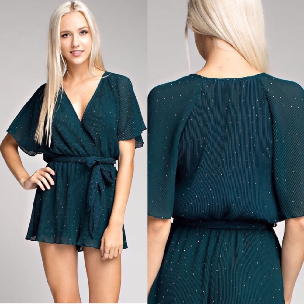 Hunter Green Gold Wrap Romper Dress Evening - Picture 3 of 8